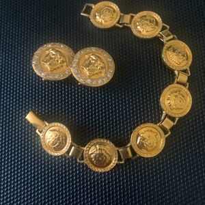 Versace Medusa Crystal Clip on Gold Tone Earrings & gold plated bracelet set.